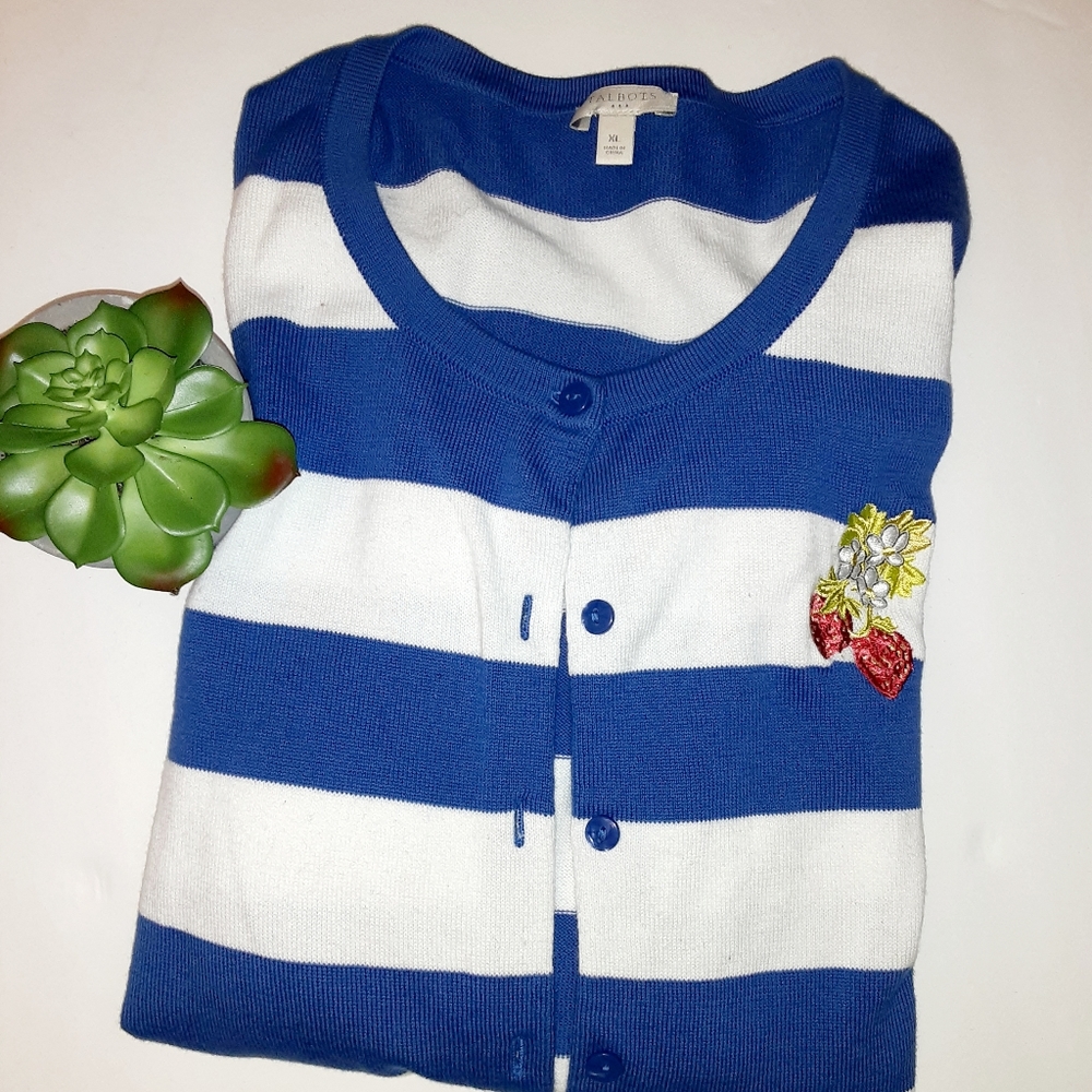 TALBOTS Embroidered Strawberry Cardigan